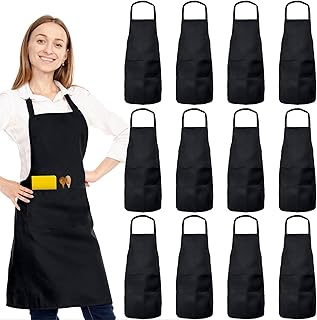 XEMGUE 12 Pack Bib Apron, Unisex Restaurant Kitchen Aprons for Women with 2 Pockets, Chef Aprons for Cooking Men BBQ Paint