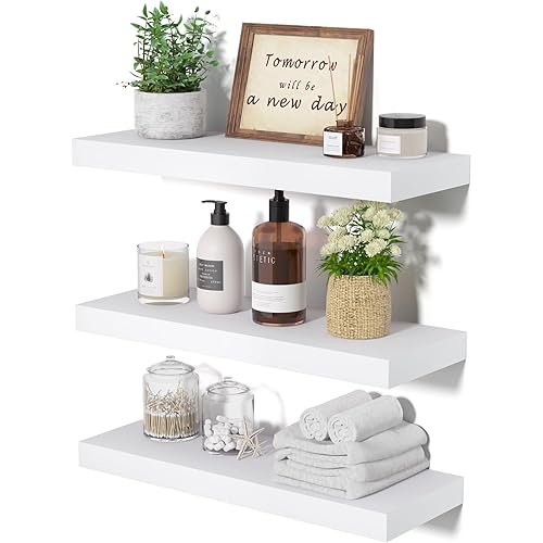 upsimples Floating Shelves for Wall Decor Storage, White Wall Mounted Shelves Set of 3, Sturdy Rustic Wood Shelves Hanging for Bedroom, Bathroom, Living Room, Kitchen, Corner, Book