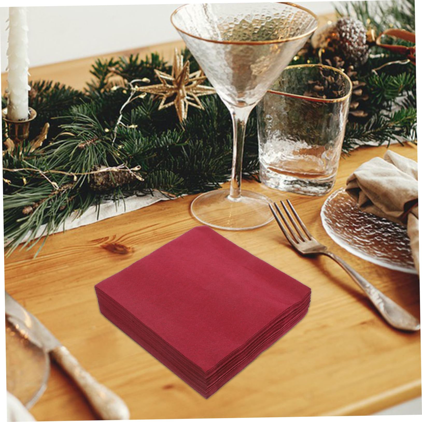KOMBIUDA Tovaglioli in Morbidi e Assorbenti 50 Usa di Getta Pezzi Legno Pasta Natale Riciclabili di Color Rosso Scuro per Cucina da Pranzo
