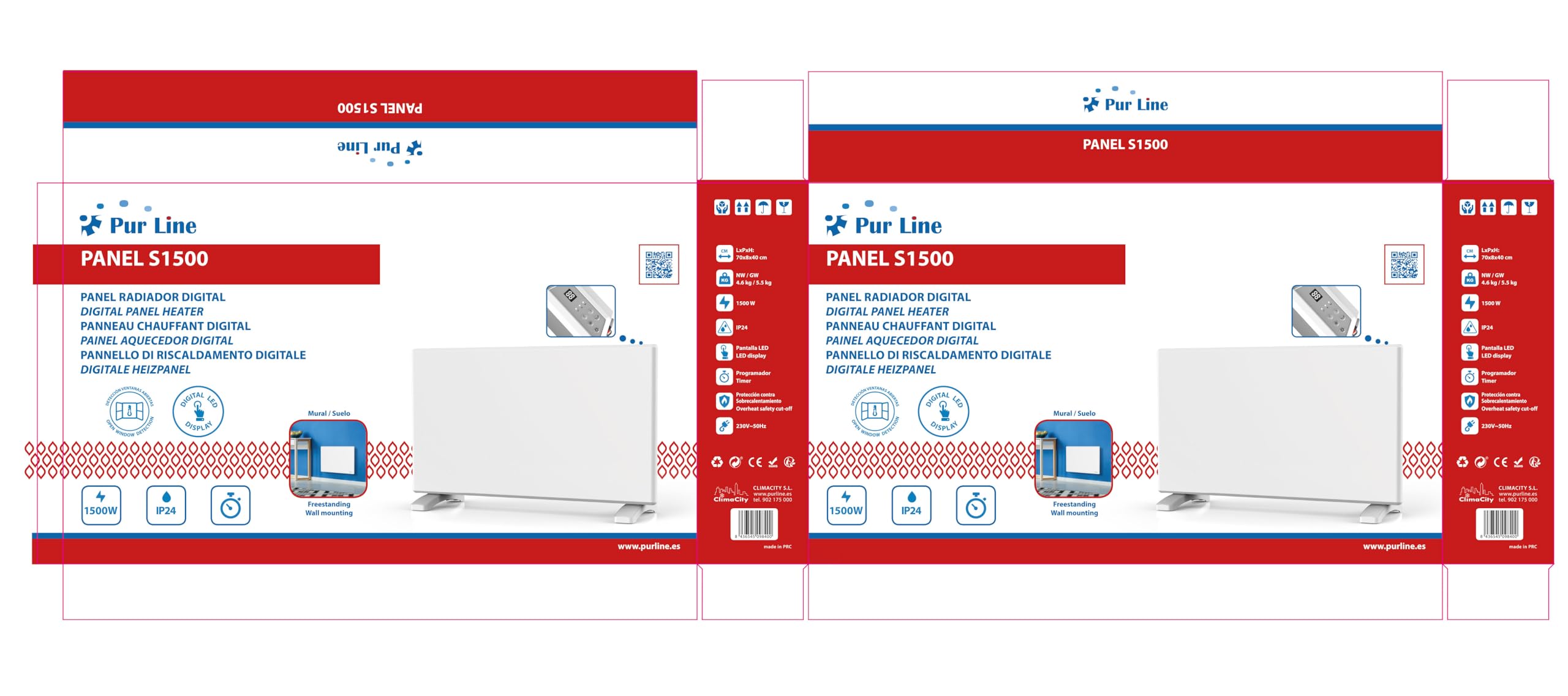 PUR LINE | Radiador Eléctrico 1500W con Panel de Cristal Blanco y Control WiFi PANEL GLASS - Calefactor Bajo Consumo con Control Digital por App, Emisor Térmico Silencioso