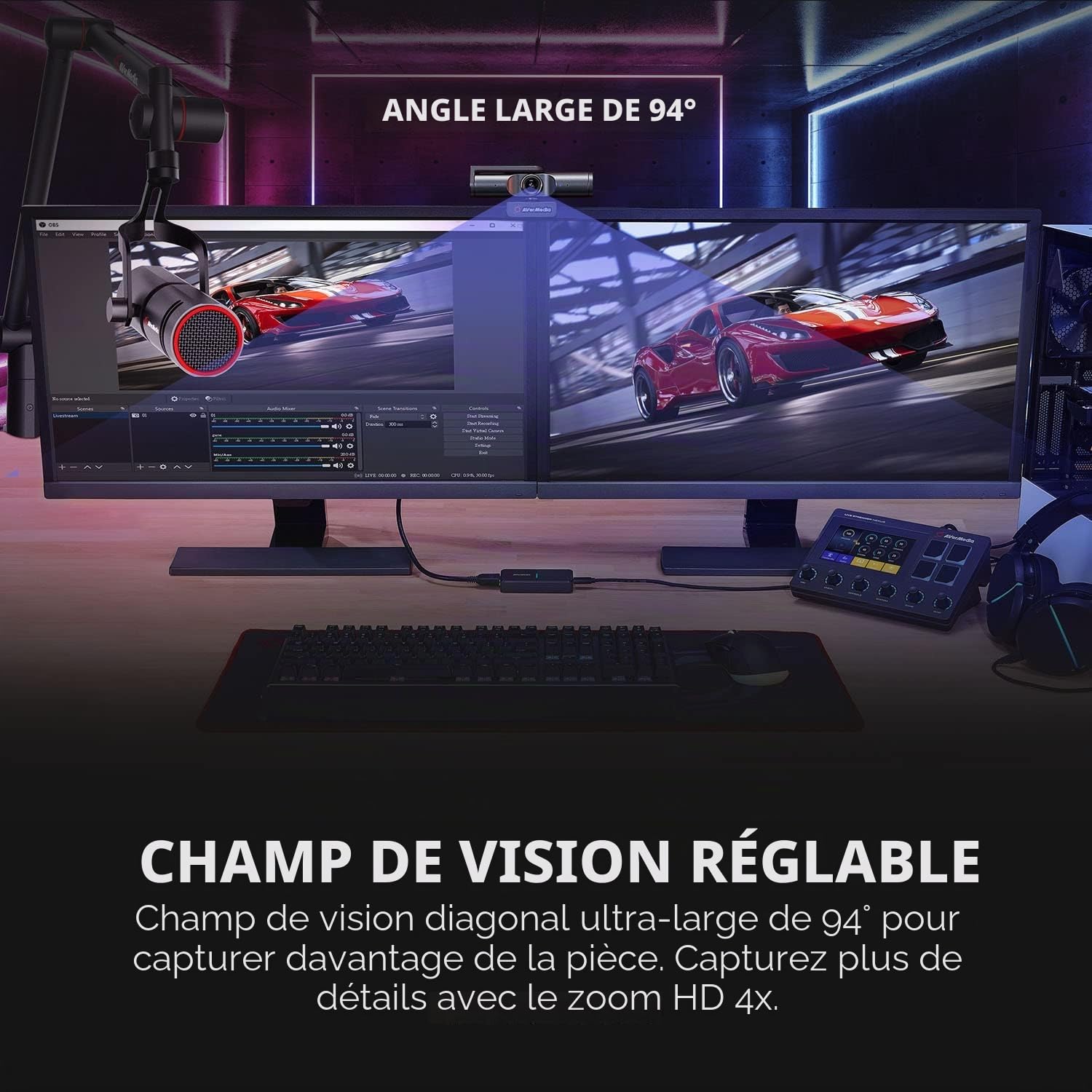 AVerMedia Live Streamer CAM 513 Webcam Ultra Grand Angle 4K avec Couverture Webcam, Microphone intégré, Plug & Play pour Jeu, Stream, Appel vidéo – PW513 Noir