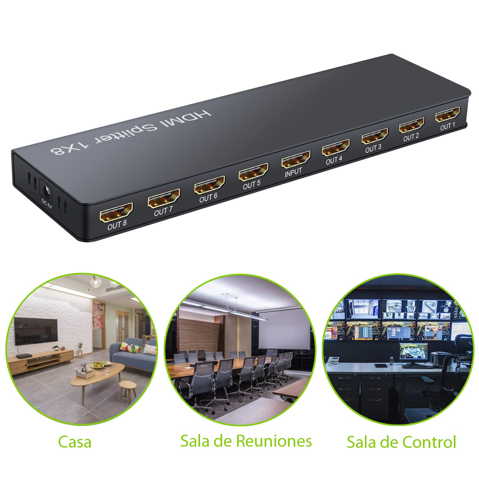 LiNKFOR Splitter HDMI 1 Entrada 8 Salidas - Duplicador y Distribuidor 4K 30Hz Compatible con UHD 1080p 3D HDCP 1.2 - Adaptador de Corriente 5V 1A para Portátil PS3 Roku BLU-Ray HDTV