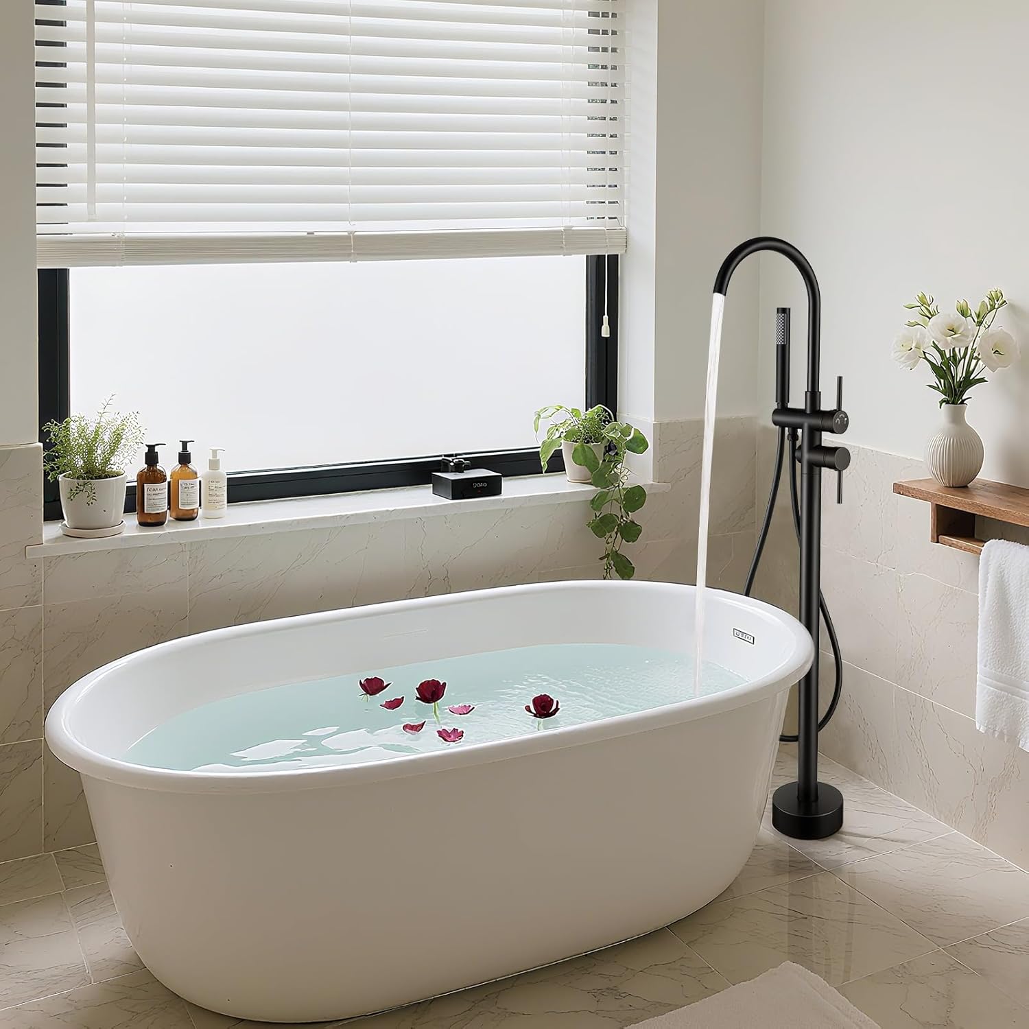 Freestanding Bathtub Faucet Floor Mount Free Standing Faucet Tub Filler Brass Bathroom Tub Faucets Swivel Gooseneck Spout with Hand Shower Mixer Taps Matte Black