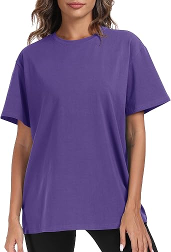 PRIMODA Womens Oversized Short Sleeve T Shirts Trendy Crew Neck Loose Workout Tee Casual Summer Tops Cotton