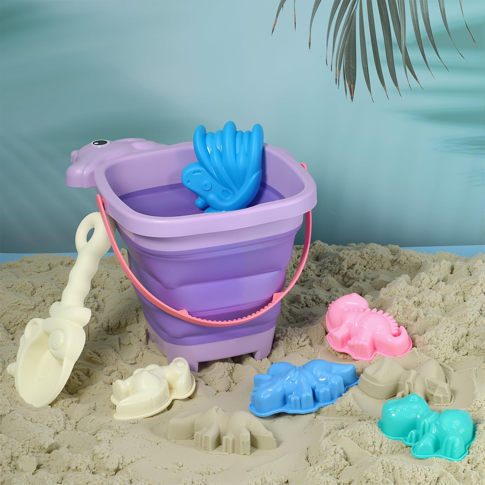 7 Pcs Pool Toys Collapsible Bucket and Spade Set Kids Beach Toys With Animals Molds and Sand Shovels Mesh Bag For Kids Sand Pool Party - Image 4