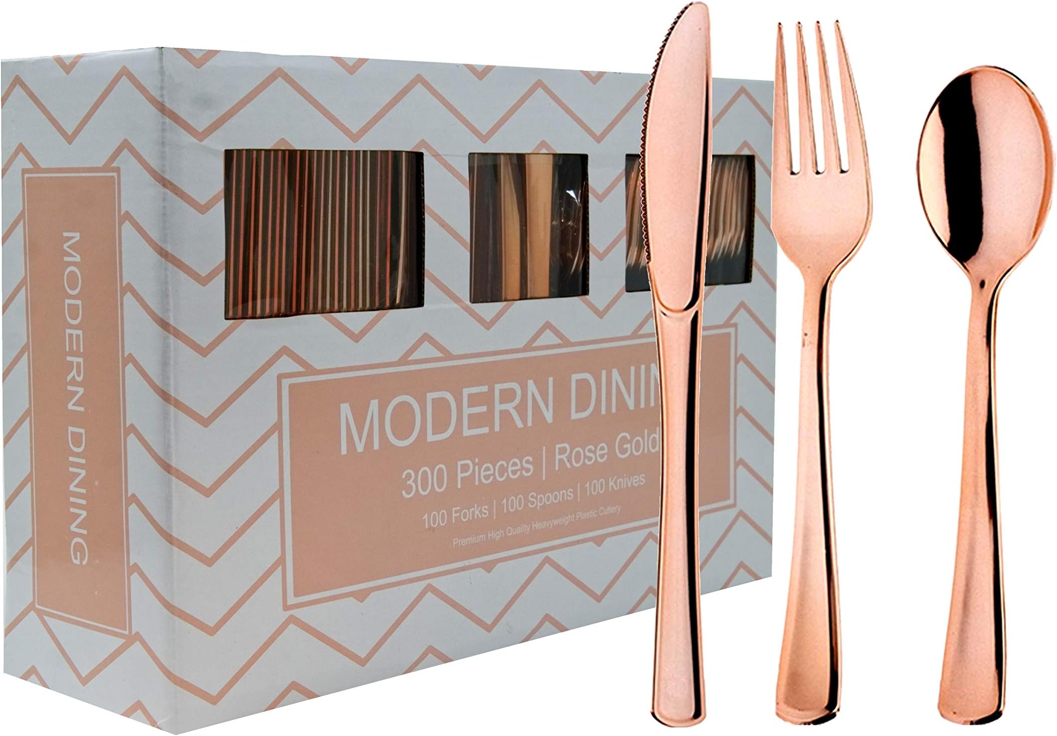 Modern Dining | 300 Rose Gold Plastic Silverware Cutlery Heavyweight Premium Quality Disposable Flatware Set Perfect Utensils for Weddings & Dinner Parties | 100 Forks, 100 Spoons, 100 Knives