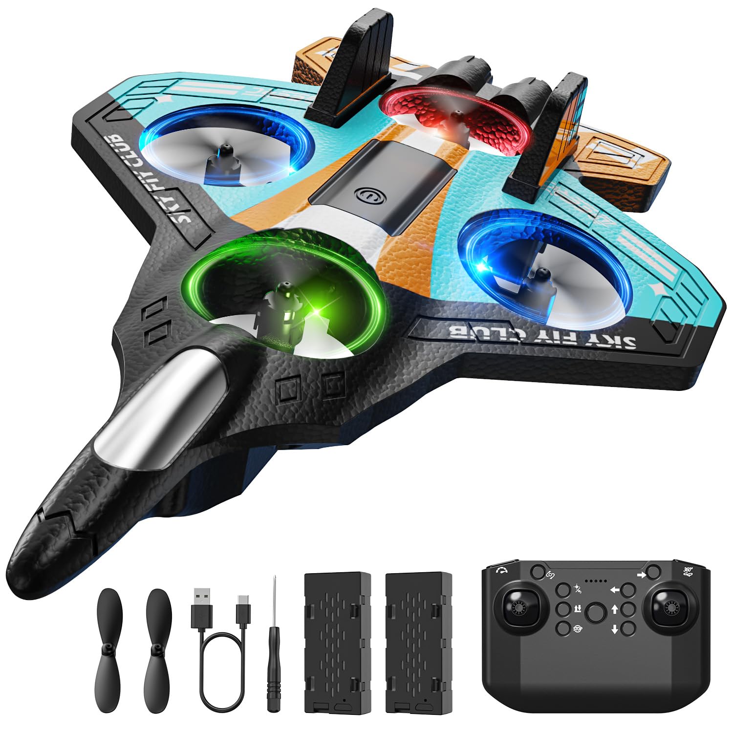 DEERC Avión de espuma RC para niños, avión teledirigido con altitud, volteos 3D y luces LED, 2 baterías, avión teledirigido para principiantes para niños y niñas (azul y naranja)