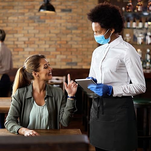 Miniatura 2 de Delantales de servidor negros con 6 bolsillos, delantal de cintura para camarero unisex, peluquero y limpiador