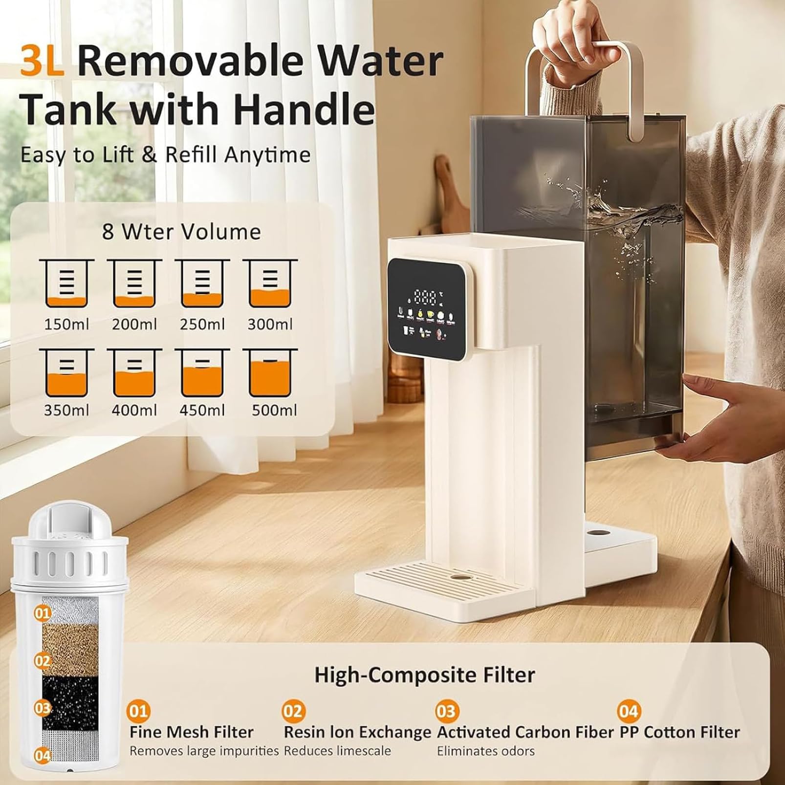 Distributore di acqua calda istantanea, macchina filtrante da tavolo da 3 litri con display touch LED, blocco bambini, 12 impostazioni di temperatura per casa, ufficio, cucina