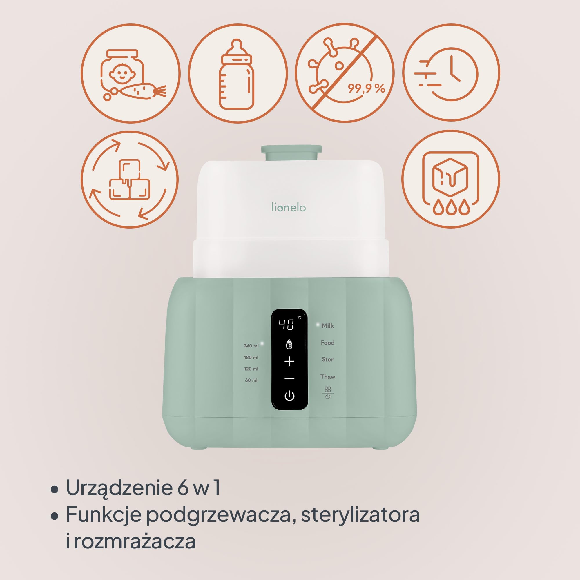 Lionelo Thermup Duo, elektryczny podgrzewacz do butelek 6 w 1 z podwójną komorą, ogrzewaniem mleka i kleiku, bezpieczne i szybkie rozmrażanie, sterylizacja, utrzymanie ciepła, panel dotykowy, bez BPA