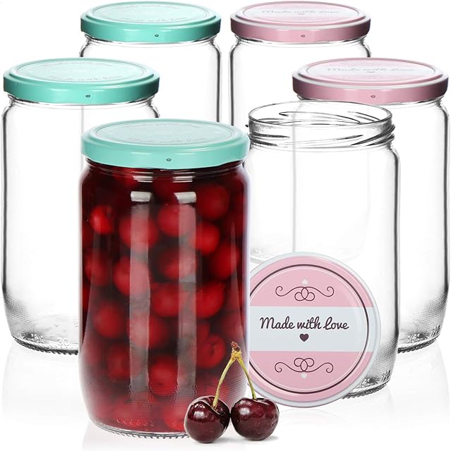 COM-FOUR® 6x mason jars with screw cap Made with love in green and pink - TO Ø 82 mm - up to 720 ml