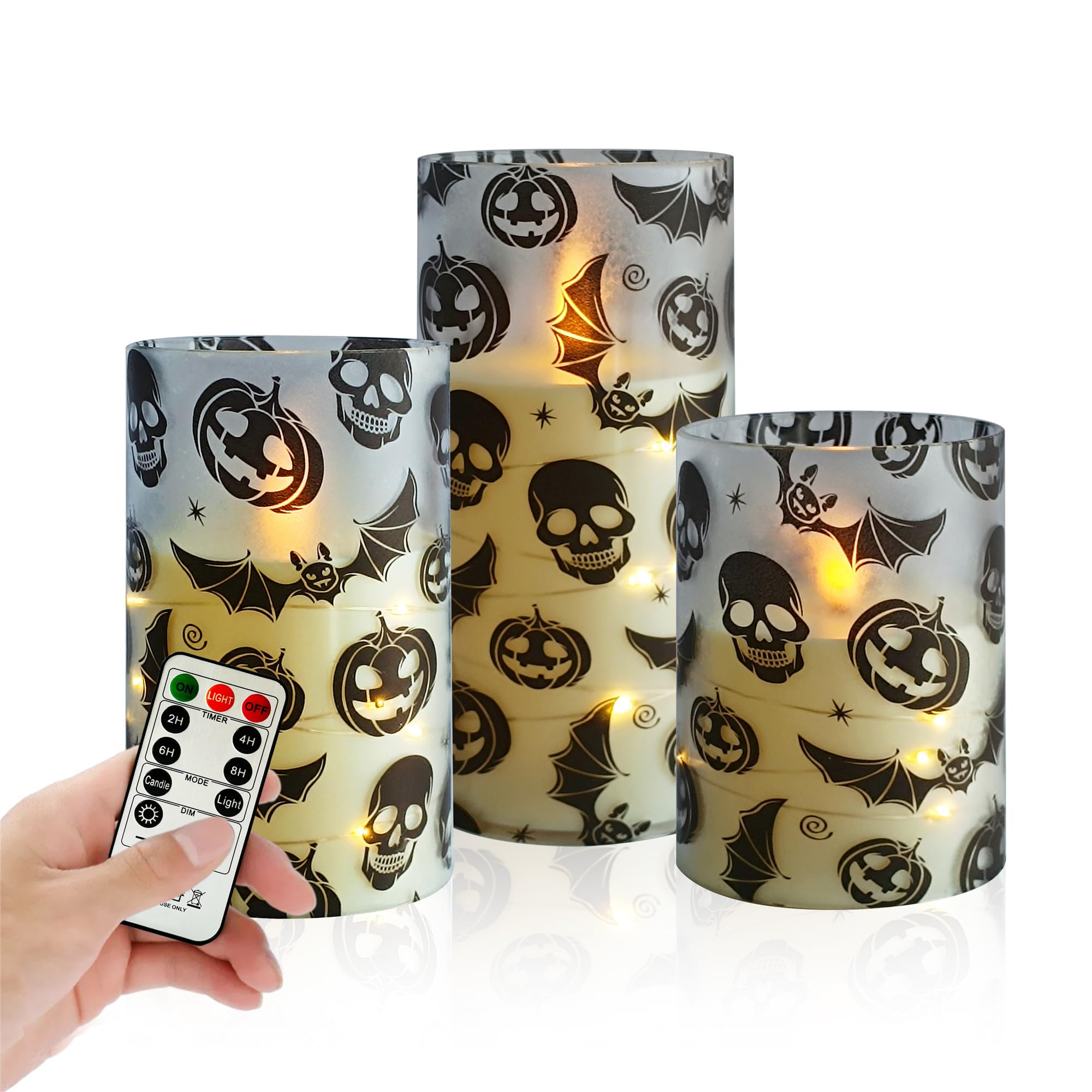 Ghost Flameless Candles with String Lights - 3pcs Halloween Battery Operated Candle Flickering Floral LED Pillar Candles with Timer Remote for Home Decor Romantic Ambiance