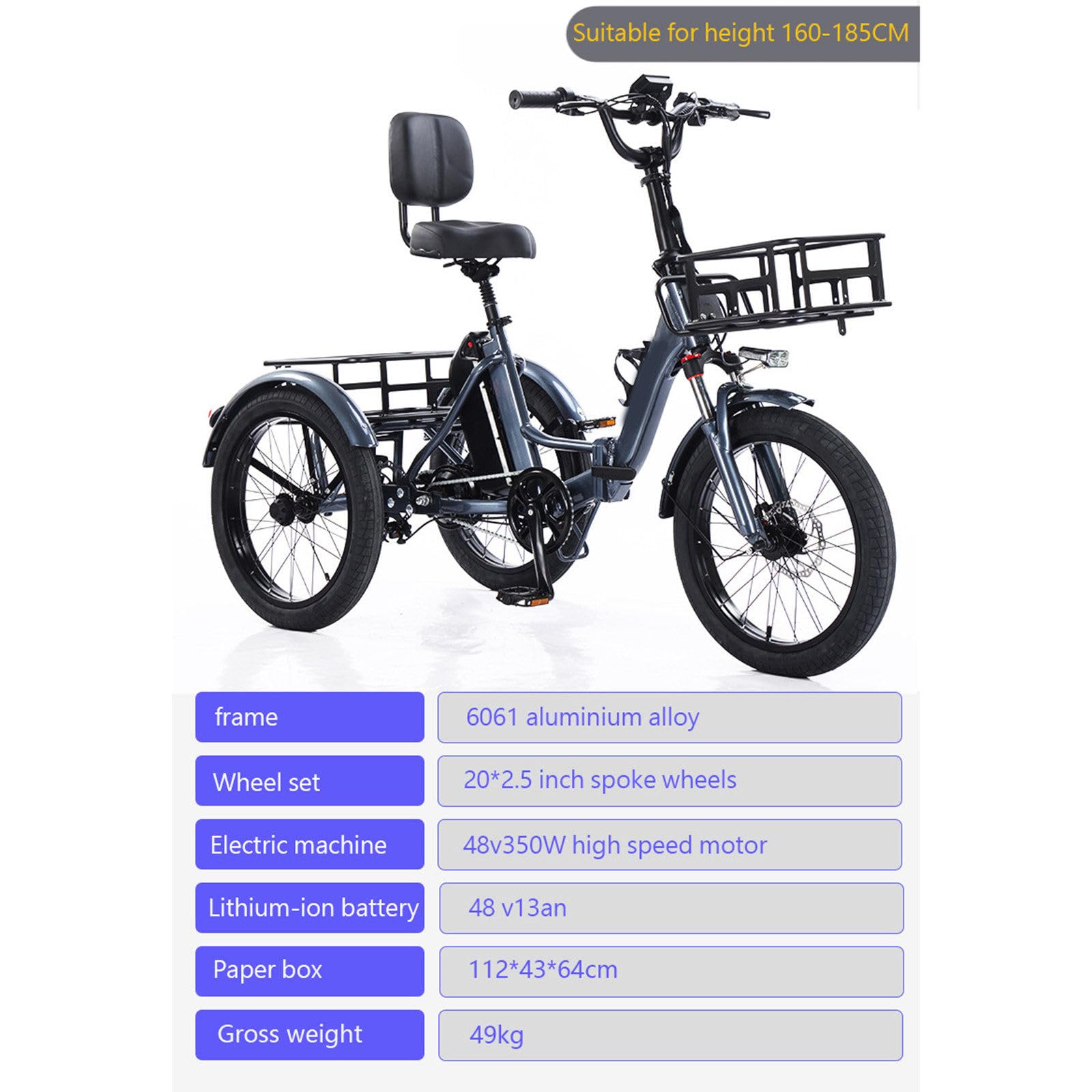 Triciclo Elettrico Pieghevole da 20 Pollici, Schermo LCD, Cestino Anteriore E Posteriore, capacità di Carico 200 kg, Batteria 48 V 13 Ah - Autonomia 45 Km, per Anziani, Adulti C