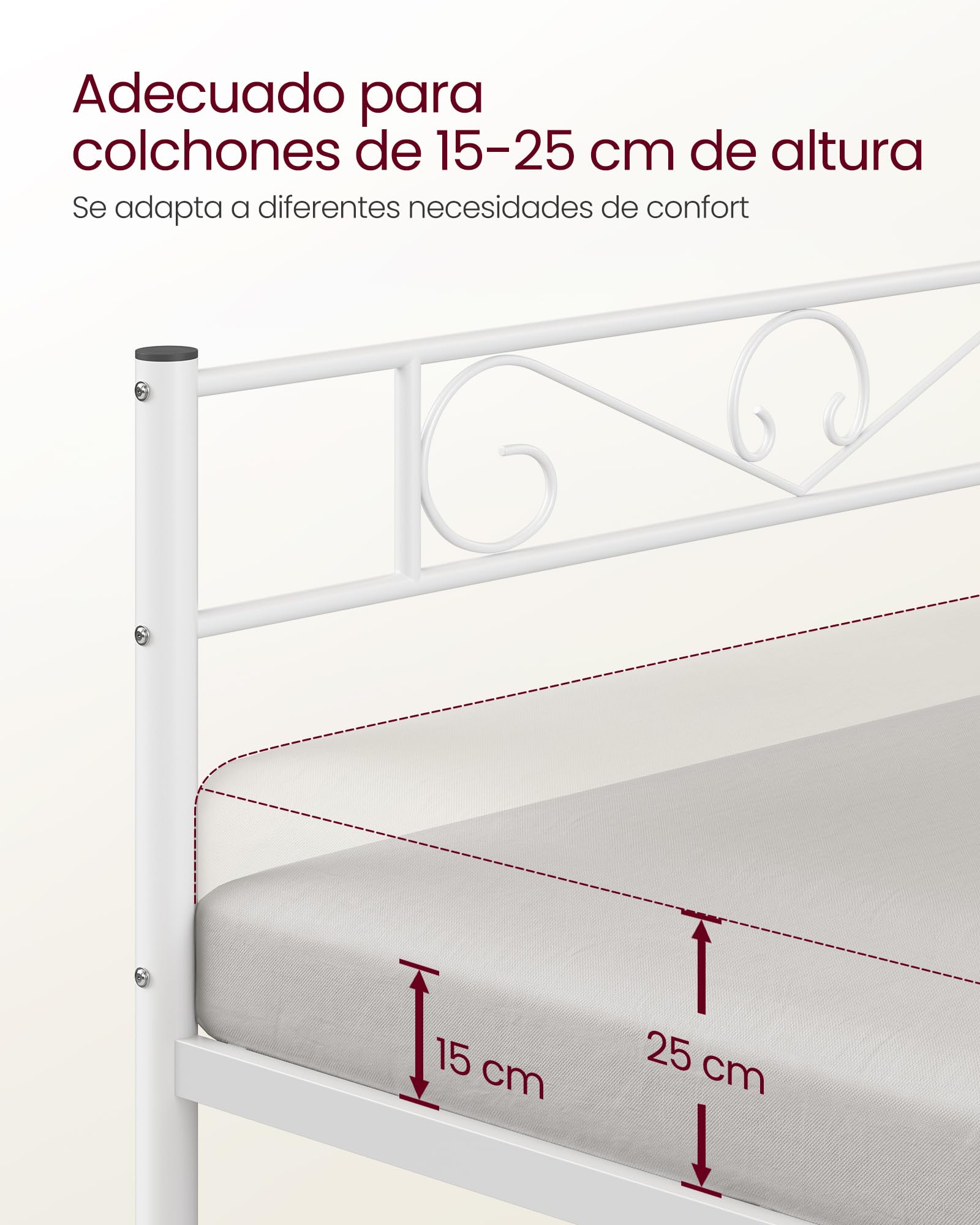 VASAGLE Estructura de Cama de Metal 90 x 190 cm Blanco