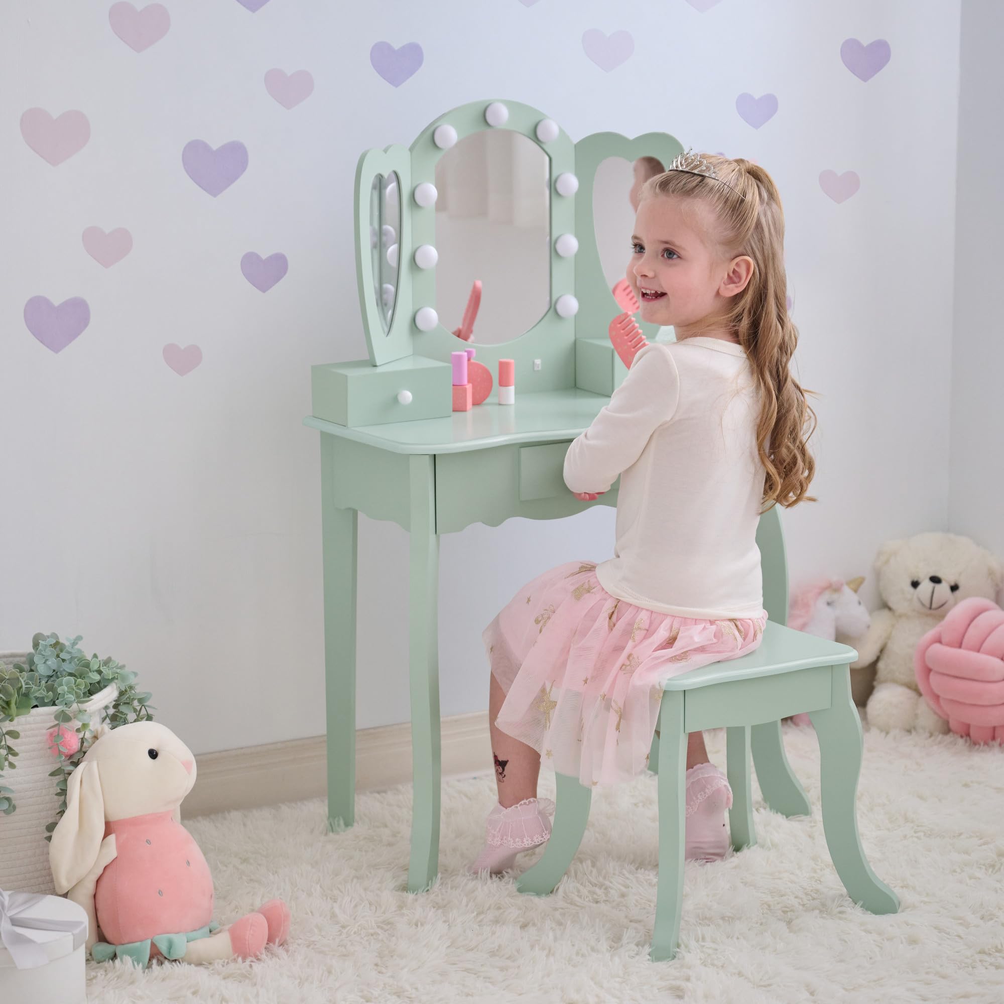 Teamson Kids Coiffeuse Enfant cœur Verte avec Miroir LED Triple Tabouret tiroirs Accessoires pour favoriser Imagination et autonomie