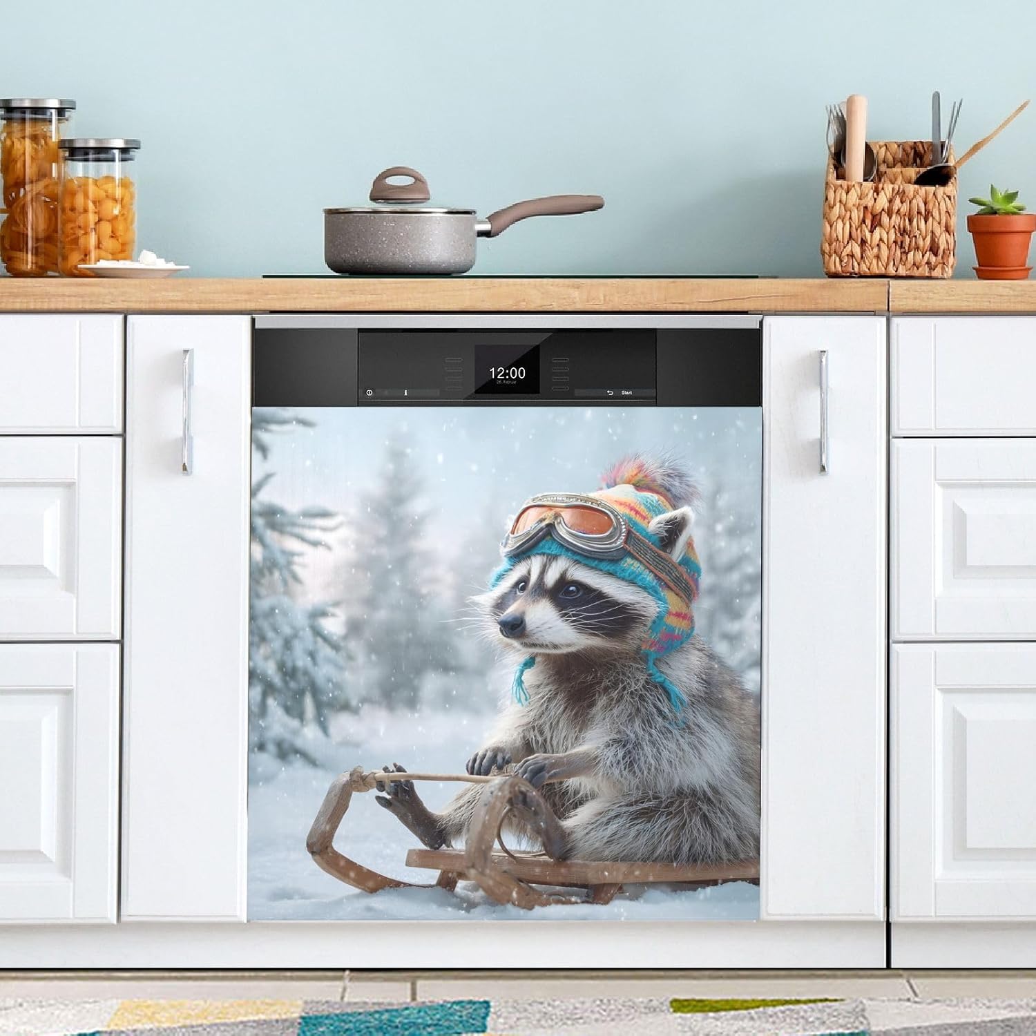 Decorative Dishwasher Magnet Cover - Raccoon Sledding Pattern Dishwasher Cover,Durable and Free Cutting - Magnetic Back and Easy to Clean, 23x26 Inch,Perfect for Kitchen Appliances