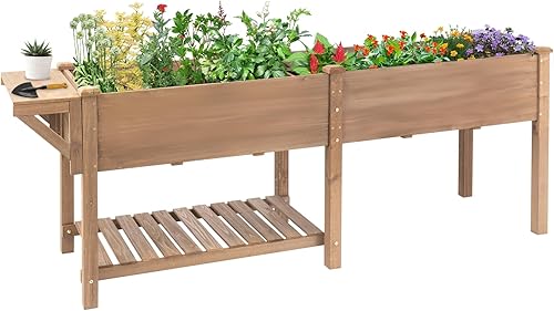 Miniatura 9 de Cama de jardín elevada con ruedas, caja de jardín elevada de madera con pestañas de conexión W, para verduras, flores, hierbas, estante