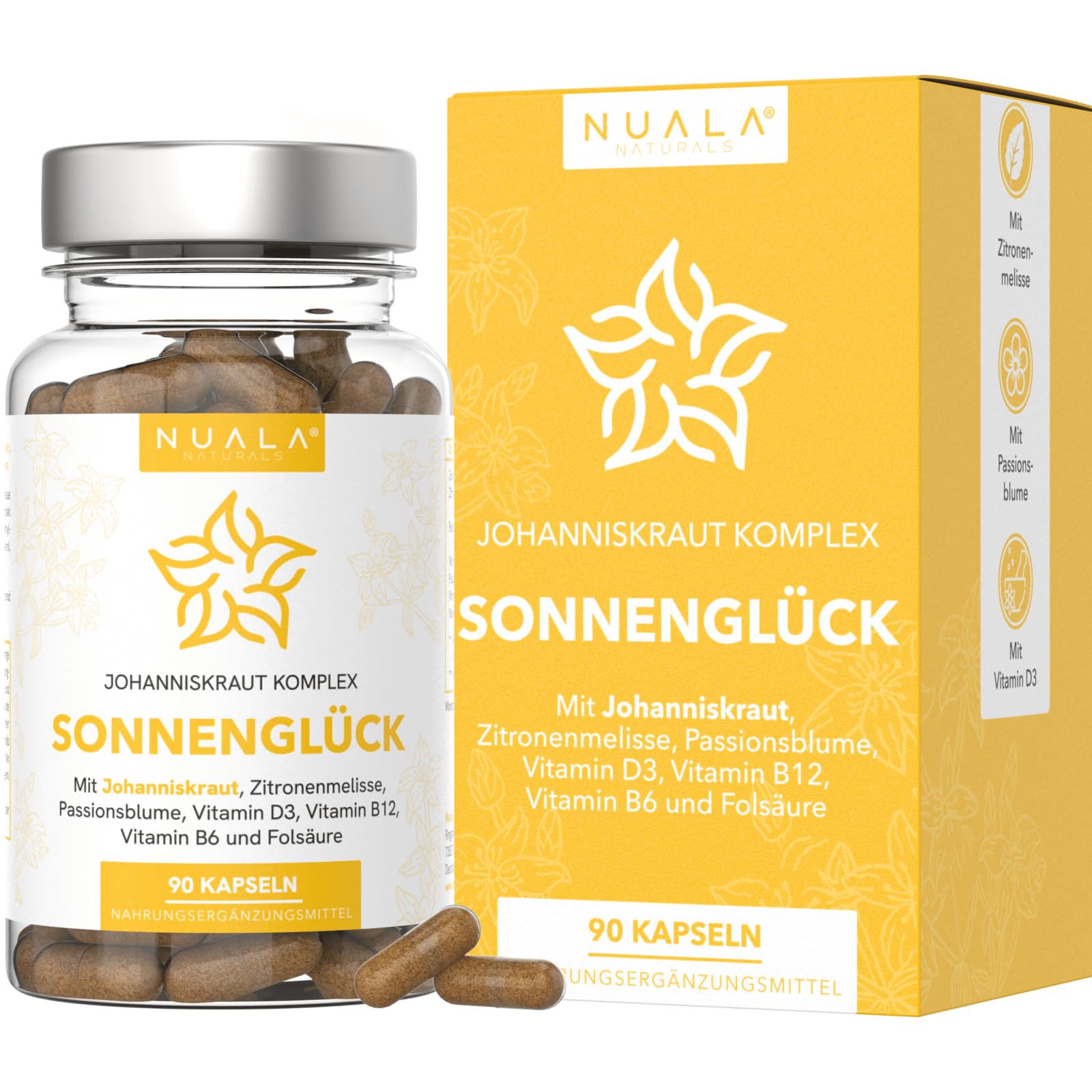 NEU! SONNENGLÜCK - Johanniskraut Kapseln hochdosiert mit Zitronenmelisse, Passionsblume und Vitamin D3, Vitamin B6, Vitamin B12 und Folsäure - 90 Kapseln