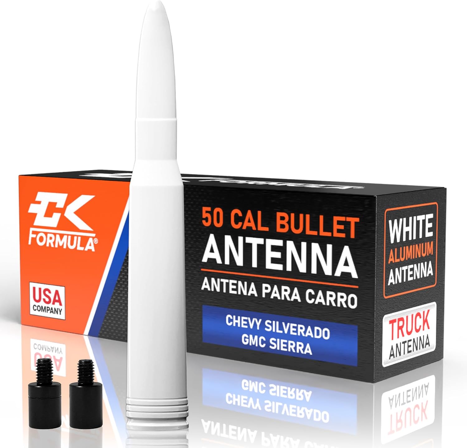 White 50 Cal Bullet Antenna for Chevy Silverado & GMC Sierra 1500 2500 3500 (19992025), Solid Billet Aluminum, Car Wash Safe, Short Replacement Antenna, Truck Accessories