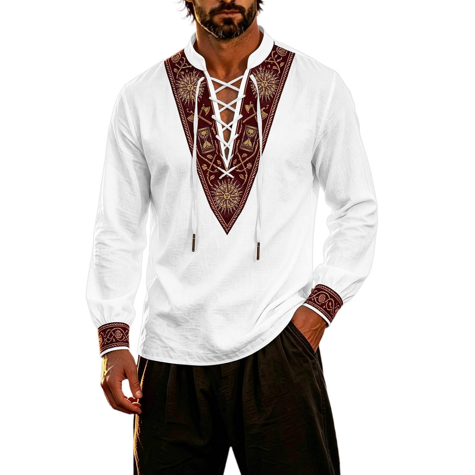 Classic Themed Men's Long Sleeve Shirt for Adventure Nautical Style Top with for Everyday Wear and Cosplay (h-White, L)
