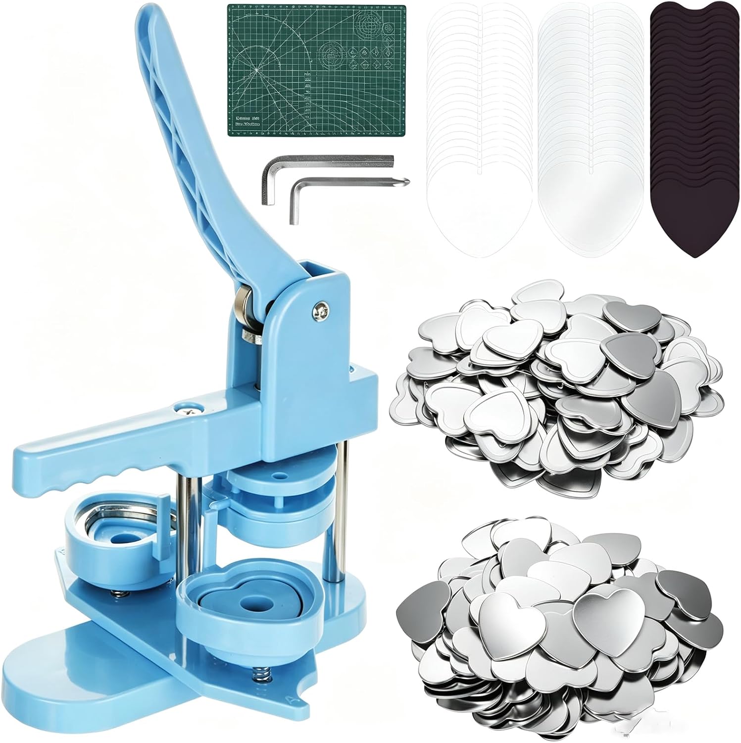 YAYODS Heart Shaped Button Maker Machine, Button Pin Maker with 100 Sets Button Supplies Includes Blank Back Cover, Metal Cover, Clear Film, Blank Paper, Magnet, Cutting Board, Screw Wrench (Blue)