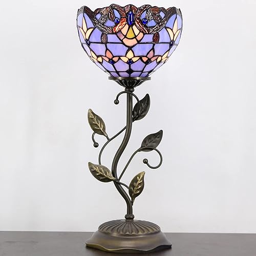Miniatura 3 de Lámpara pequeña Tiffany de cristal manchado, lámpara de acento con base de hoja de metal, luz de escritorio de estilo barroco azul, 8 x 19 pulgadas