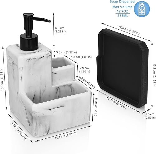 Miniatura 7 de Dispensador de jabón con soporte de esponja y soporte para cepillo, dispensador de jabón líquido de mármol blanco 3 en 1 y soporte de esponja para