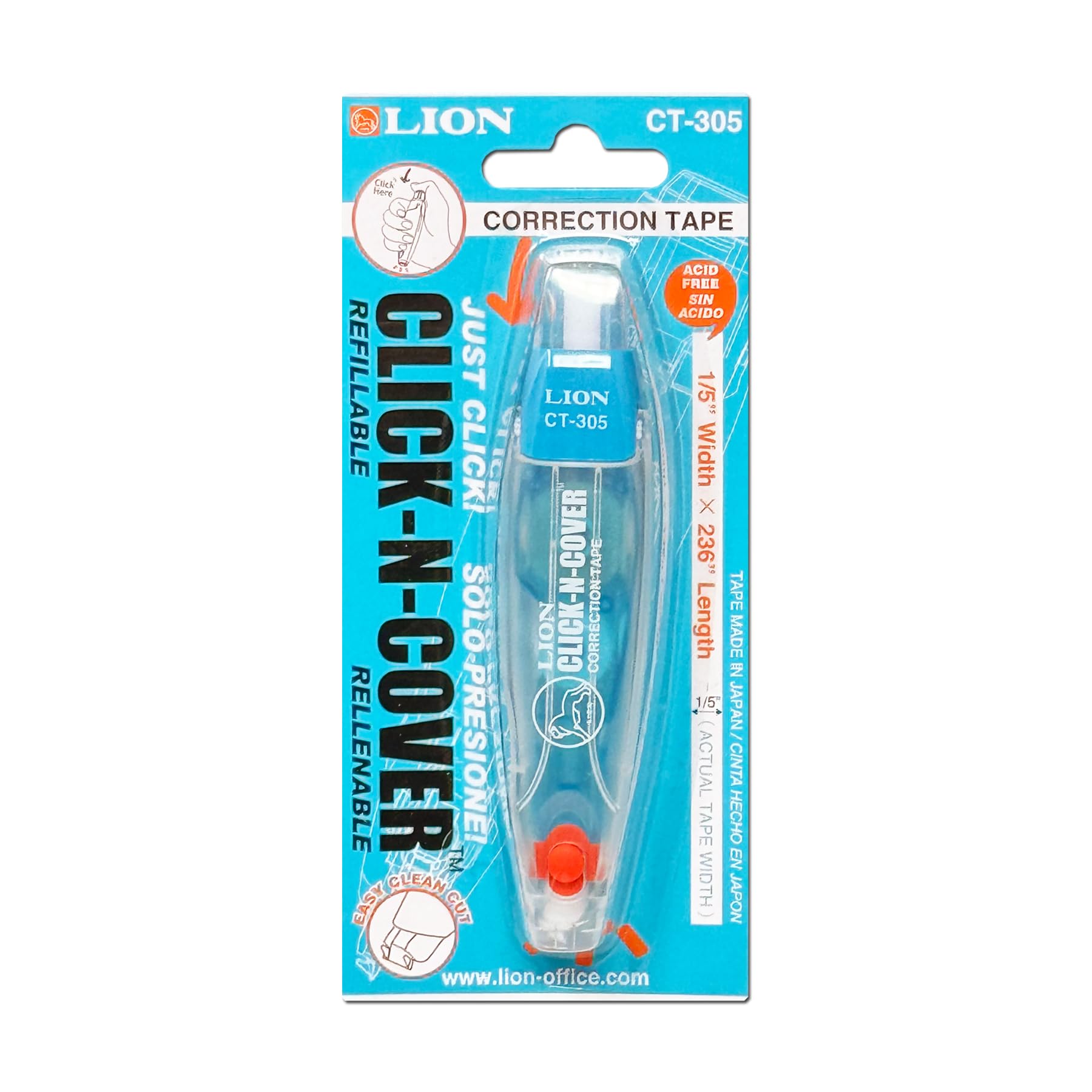 LION CLICK-N-COVER Nachfüllbares Korrekturband, einziehbare Spitze, 0,5 cm breit und 599,4 cm lang, säurefrei, 1 Stück (CT-305)