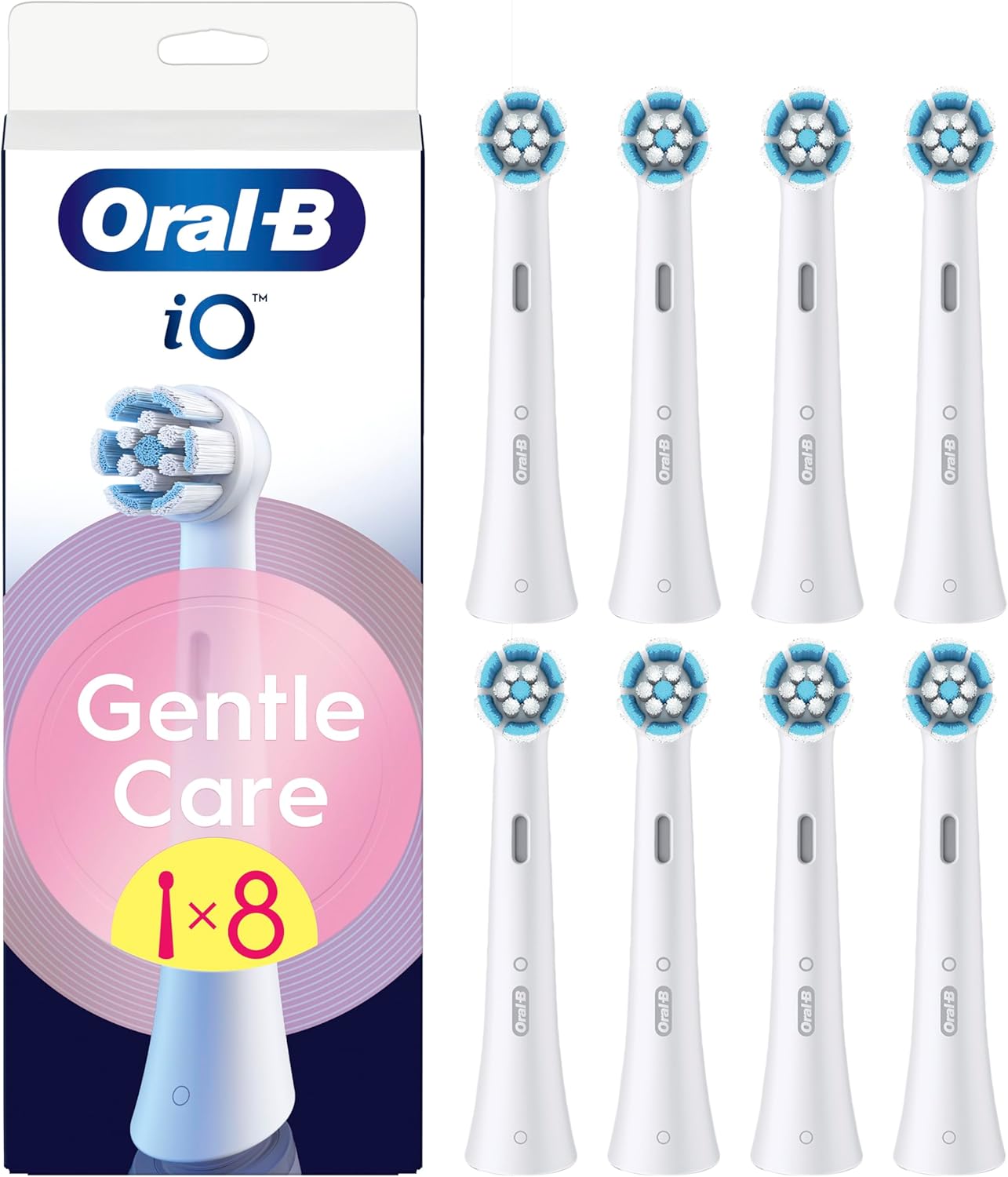Oral-B Testine di Ricambio iO Gentle Care Bianche, 8 Testine di Ricambio per Spazzolino Elettrico, Rotonde Originali per Gengive Sensibili, Setole angolate per rimuovere la placca