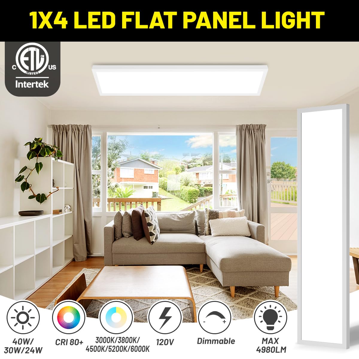 1x4 Led Flat Panel Light Surface Mount 2-Pack 40W 4980LM 5CCT 3000K 3800K 4500K 5200K 6000K Selectable Flush — view 2