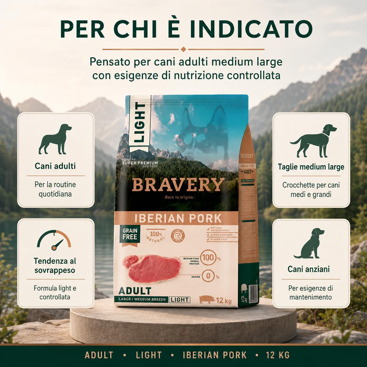 Bravery LIGHT Crocchette Cane Adulto Medium Large 12Kg con Suino Iberico Light, Mangime Secco Grain Free per Cani Sovrappeso o Anziani, Alimento Completo con L-Carnitina e Fibre