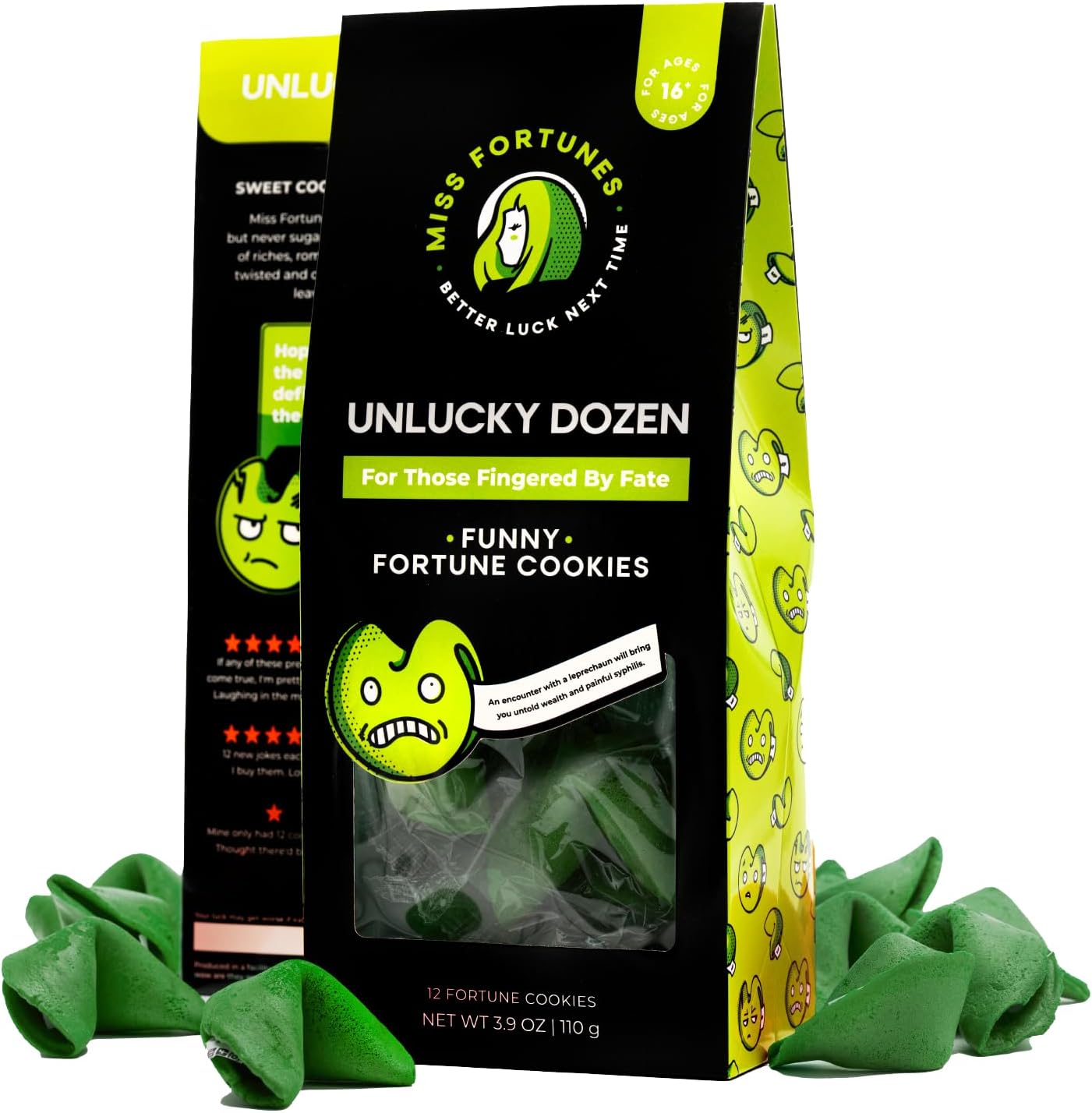 Miss Fortunes, Funny Fortune Cookies, The Unlucky Dozen, For Those Who Have Been Finger'd By Fate! Written by Professional Comedy Writers (Box of 12 Individually Wrapped Green Fortune Cookies)