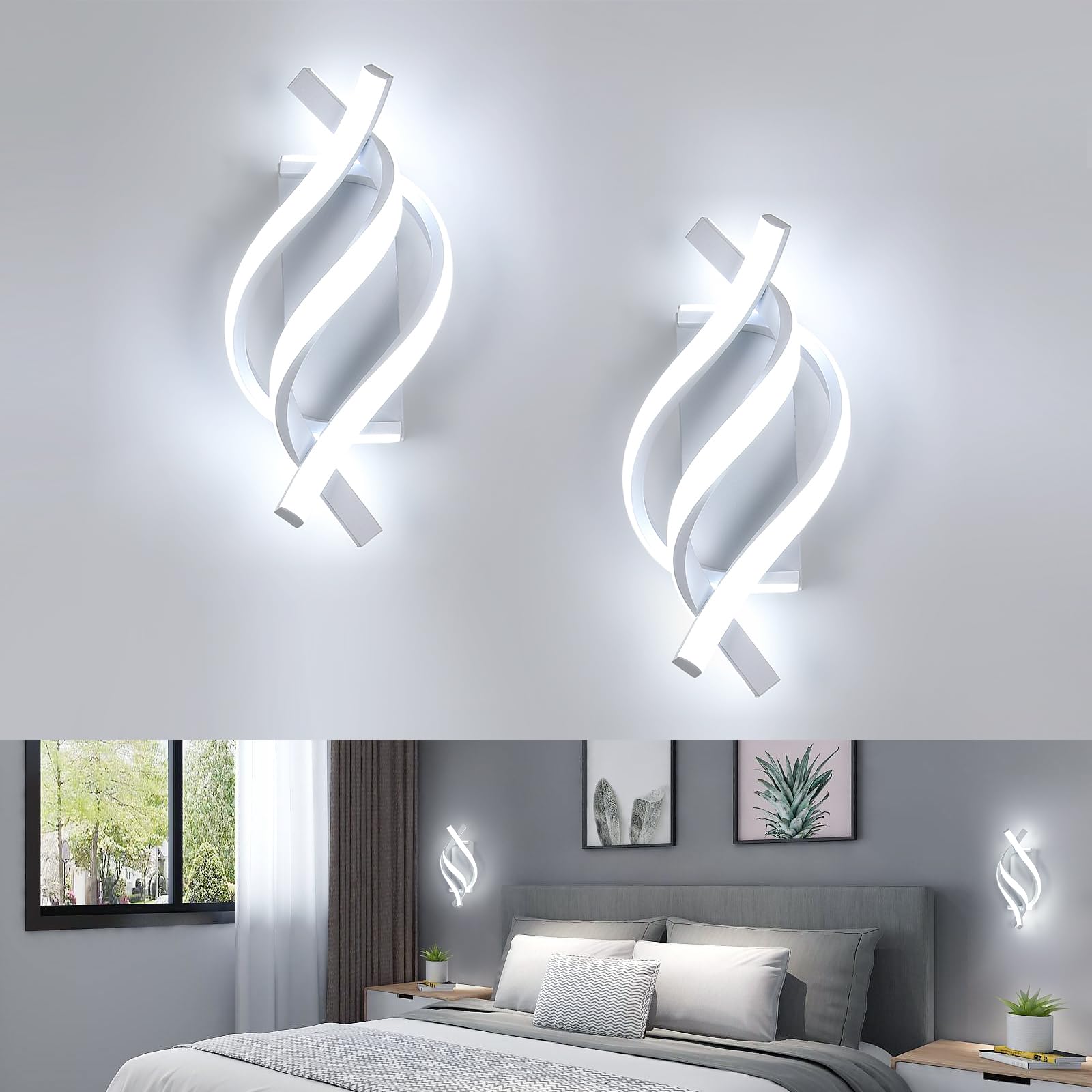 Dorlink Modern LED Wall Light Set of 2,22W 1320LM White Spiral Aluminum Modern Wall Lamp, 6500K Cool Light Indoor Wall Sconce Lights for Living Room,Bedroom,Bedside, Hallway, Stair