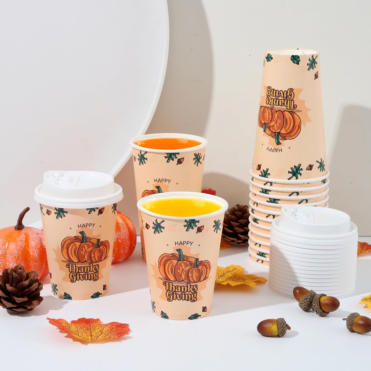Tamone 100 PACK Thanksgiving Cups 16OZ Disposable Coffee Cups with Lids, To Go Coffee Cups with Lids Leak Proof, Pumpkin Paper Cups for Cold/Hot Coffee Beverage Chocolate Cocoa for Home Office