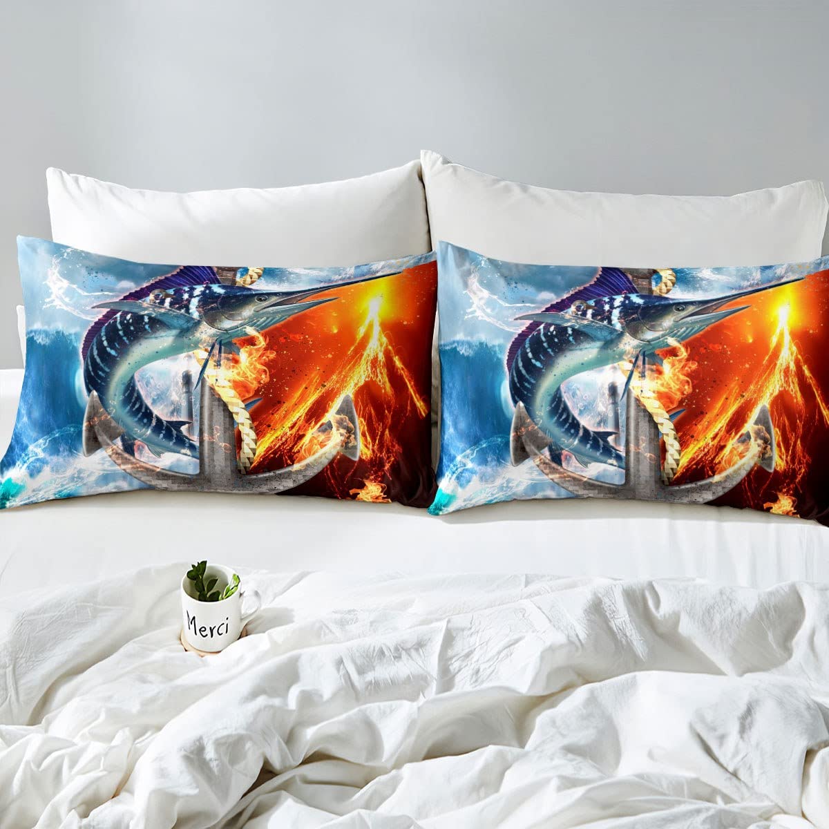 Marlin Swordfish Bedding Set for Kids Boys Girls Ocean Fish Comforter Cover Set Nautical Fishing Duvet Cover Marine Sealife Bedroom Decor Bedspread Cover Double Size Bedding Collection 3Pcs Boys - Image 4
