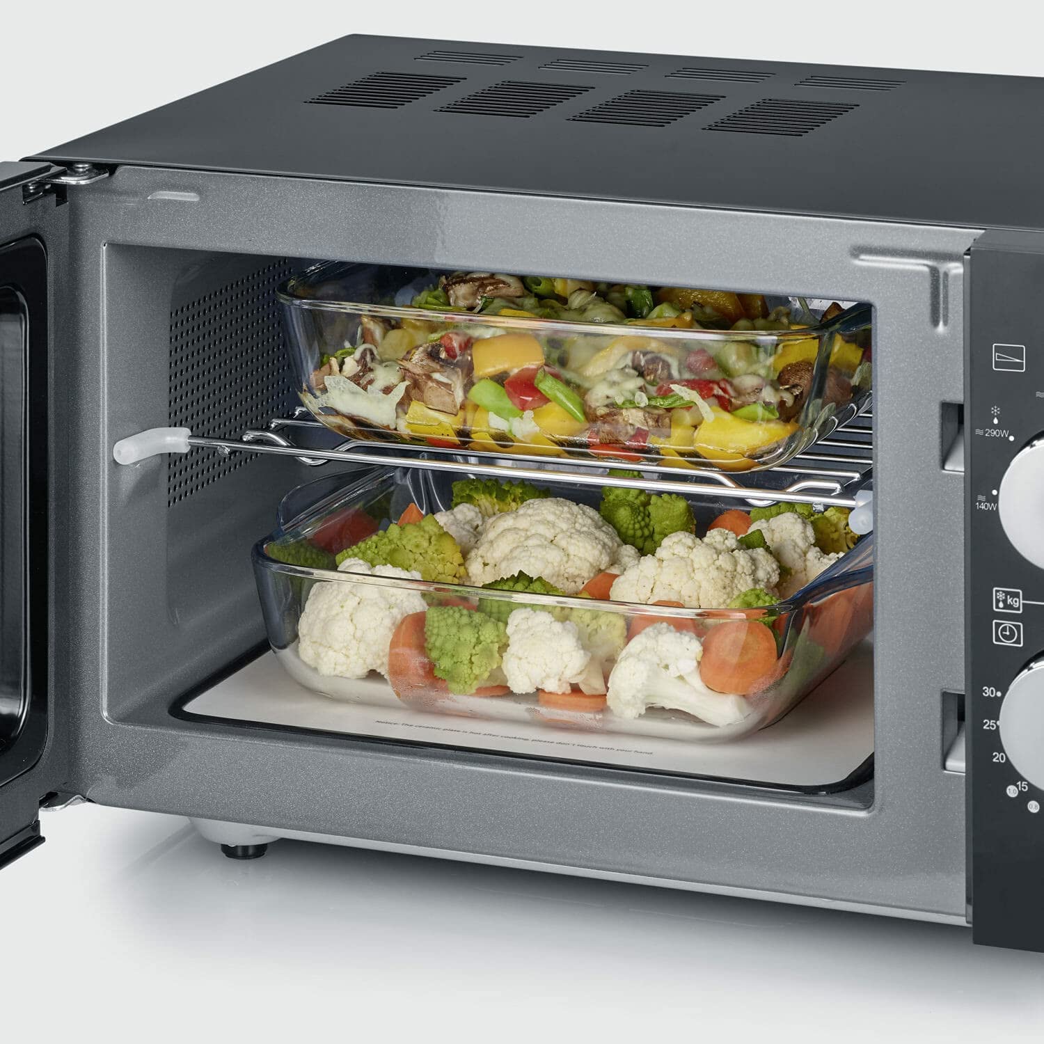 SEVERIN Forno a Microonde 2 in 1 con Grill, 20 Litri, 800W/1000W, 9 Livelli di Potenza, Fondo Piatto in Ceramica, Cottura 2 Livelli, Libera Installazione, 46,2x39,5x27 cm, Nero/Inox - MW 7762
