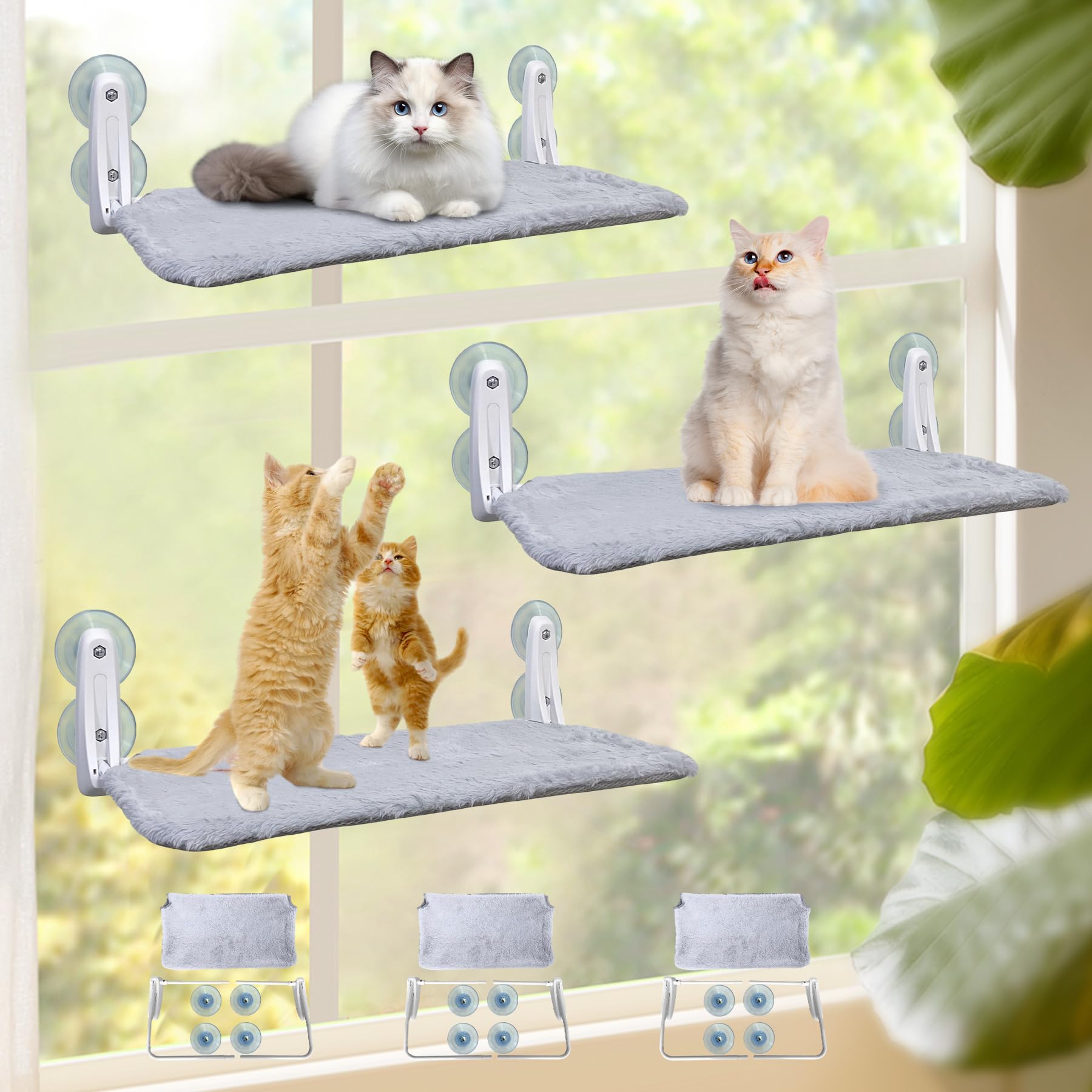 3Pc Heavy Duty Cat Window Perch, 50lb Load Foldable Hammock with Strong Suction Cups, Window Bed for Large & Multiple Cats (M 3Pc)