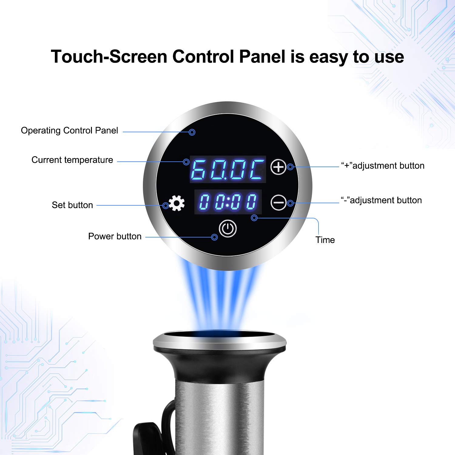 Cocina Sous Vide 1200W, IPX7 impermeable, pantalla táctil LED, control preciso de temperatura para una cocción perfecta, fácil de usar, diseño de acero inoxidable