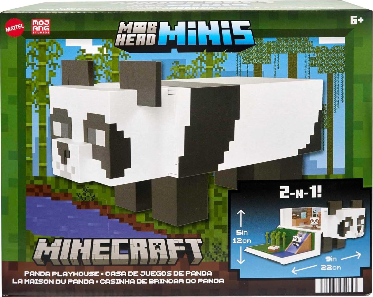 Mattel Minecraft Mob Head Minis Toys, Panda Playhouse Playset with 2 Panda Action Figures, Removable Bamboo Shoots & Cake Slice Accessories