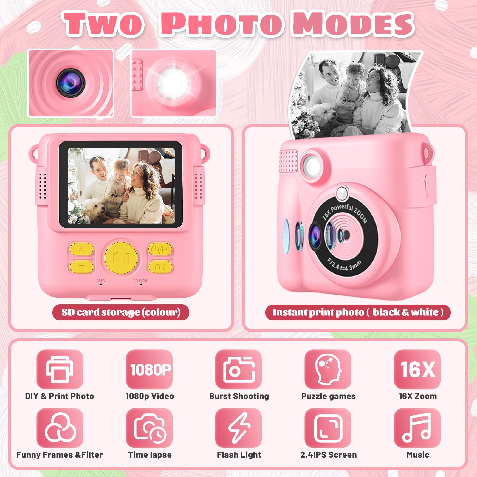 CHRERNA Fotocamera Istantanea Bambini, Macchina Fotografica Bambini Istantanea con 32GB Scheda, 1080P HD Fotocamera Digitale Bambini, Regalo per Ragazze Ragazzi da 3-12 Anni