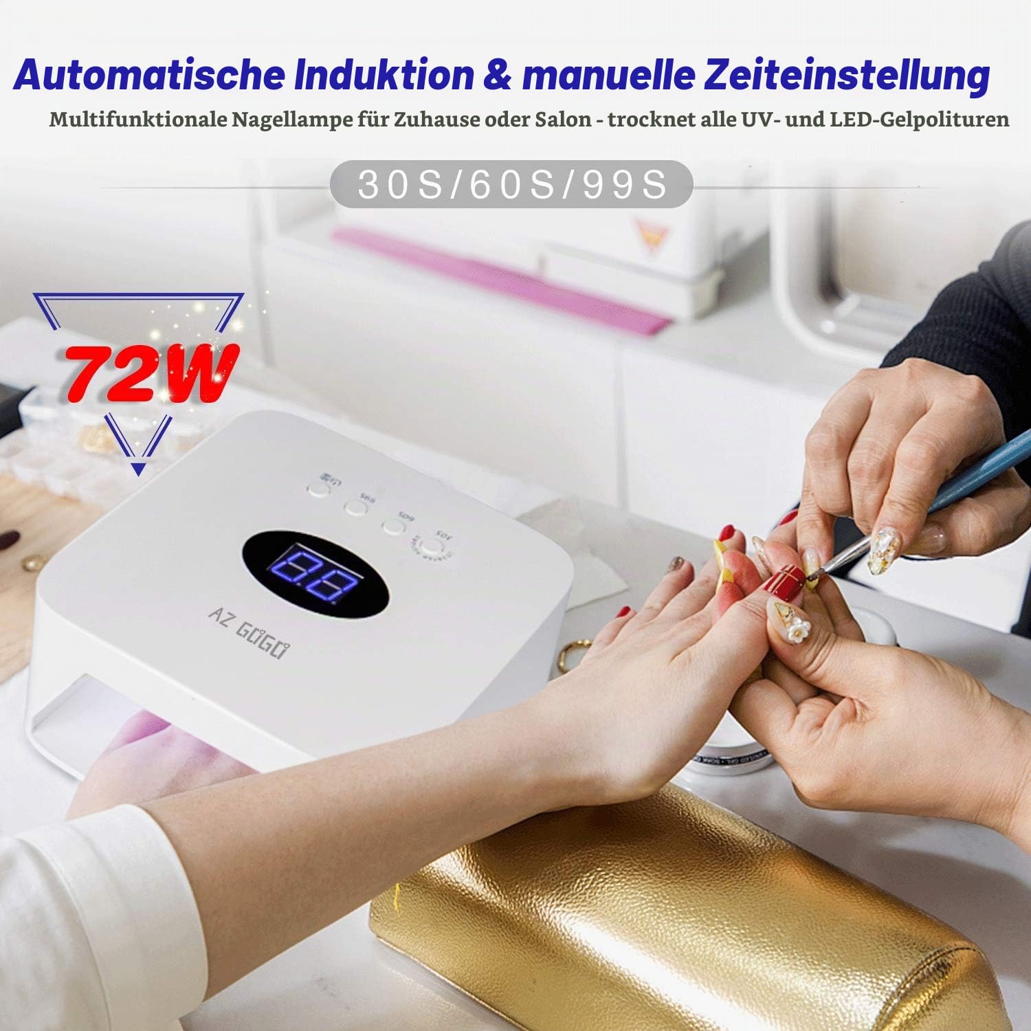 AZ GOGO 72W Nageltrockner LED UV Lampe für Gelnägel, Professionelle UV Nagellampe mit 30/60/99s Timer, Infrarot Sensor, LCD Display, Auto-Sensor, Geeignet für alle Gel, Wiederaufladbare & Tragbare