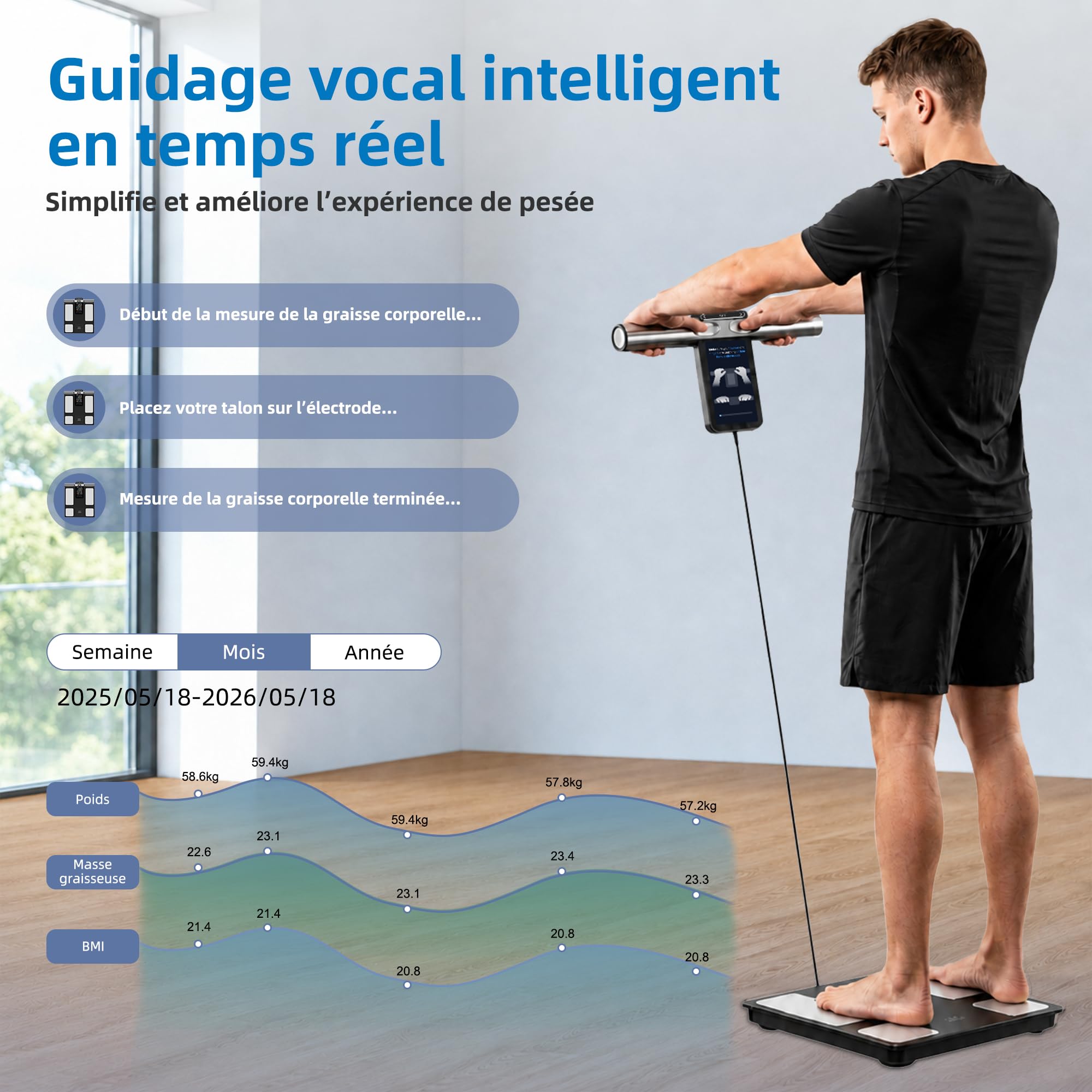 Balance Connectée Pèse Personne Impédancemètre Balance Digitale avec 8 Electrodes, Haute Précision, Composition Corporelle Complète avec 28 Données de Base, Grand écran LED,Noir