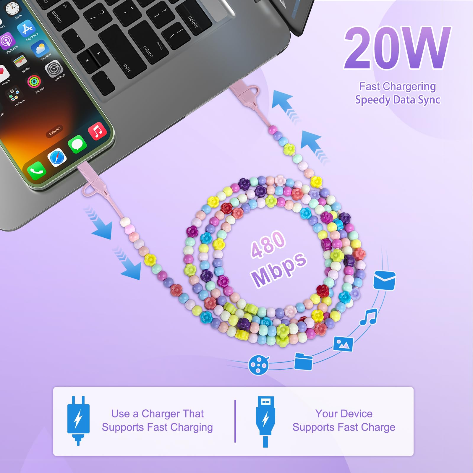 Cavo USB C con blocco caricabatterie, cavo di ricarica multi perline 4 in 1 cavo di ricarica multi cavo di ricarica rapida Star Beads 1,8 m ragazze donne per iPhone 16/15 Pro 14 Pro Max/iPad