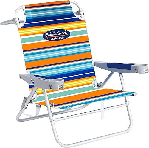 Silla de playa plegable, mochila portátil de 5 posiciones, silla de camping plegable con reposacabezas y reposabrazos para portavasos