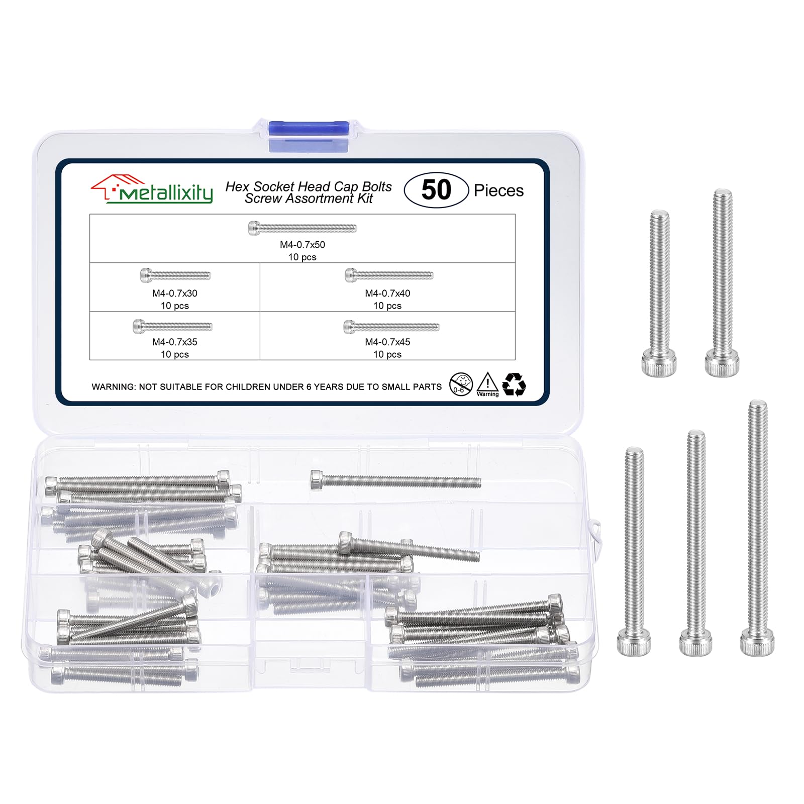 METALLIXITY Socket Head Cap Screws Kit (M4x30/35/40/45/50) 50Pcs, Stainless Steel Allen Socket Drive - Machine Internal Hex Screw, Silver โ image 1