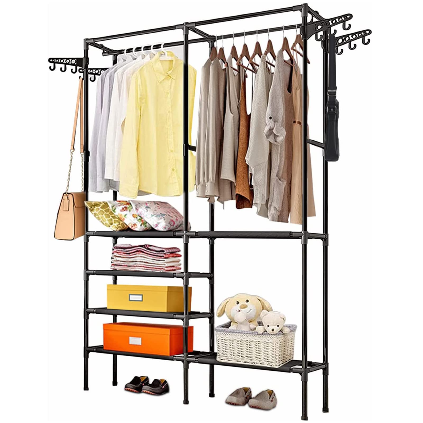 YORKING Clothes Rails Heavy Duty Garment Rack Hanging Rack Black Coat Display Stand Open Storage Wardrobe with 4 Hangers Hooks 6 Tiers Shoes Organizer Shelf for Hallway Living Room Bedroom