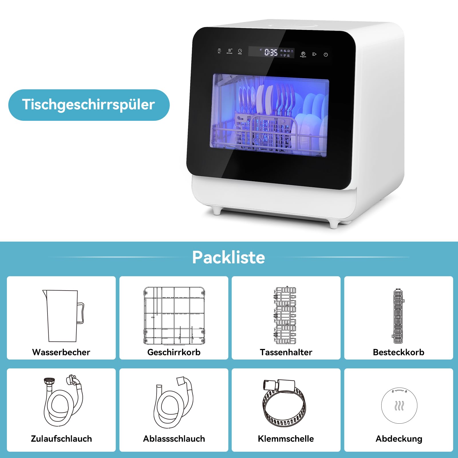Mini Geschirrspüler 3 Gedecke Tischgeschirrspüler 5L Wassertank 6+1 Programme PTC Touch Control 24h Timer Kindersicherung