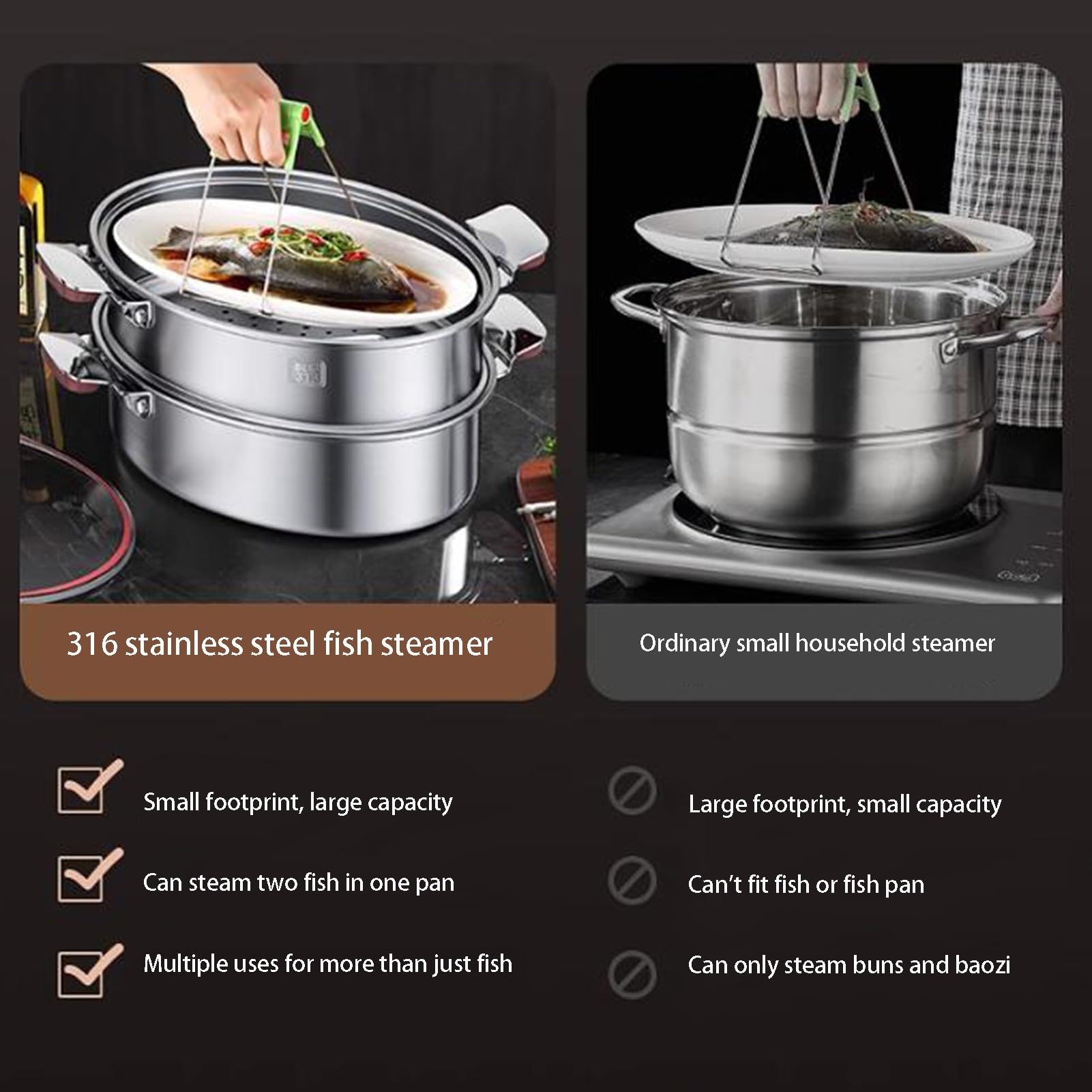 Set di pentole a vapore per pesce, in acciaio inox, con rastrelliera, 38 cm, multifunzione, per cuocere a vapore pesce, frutti di mare e verdure