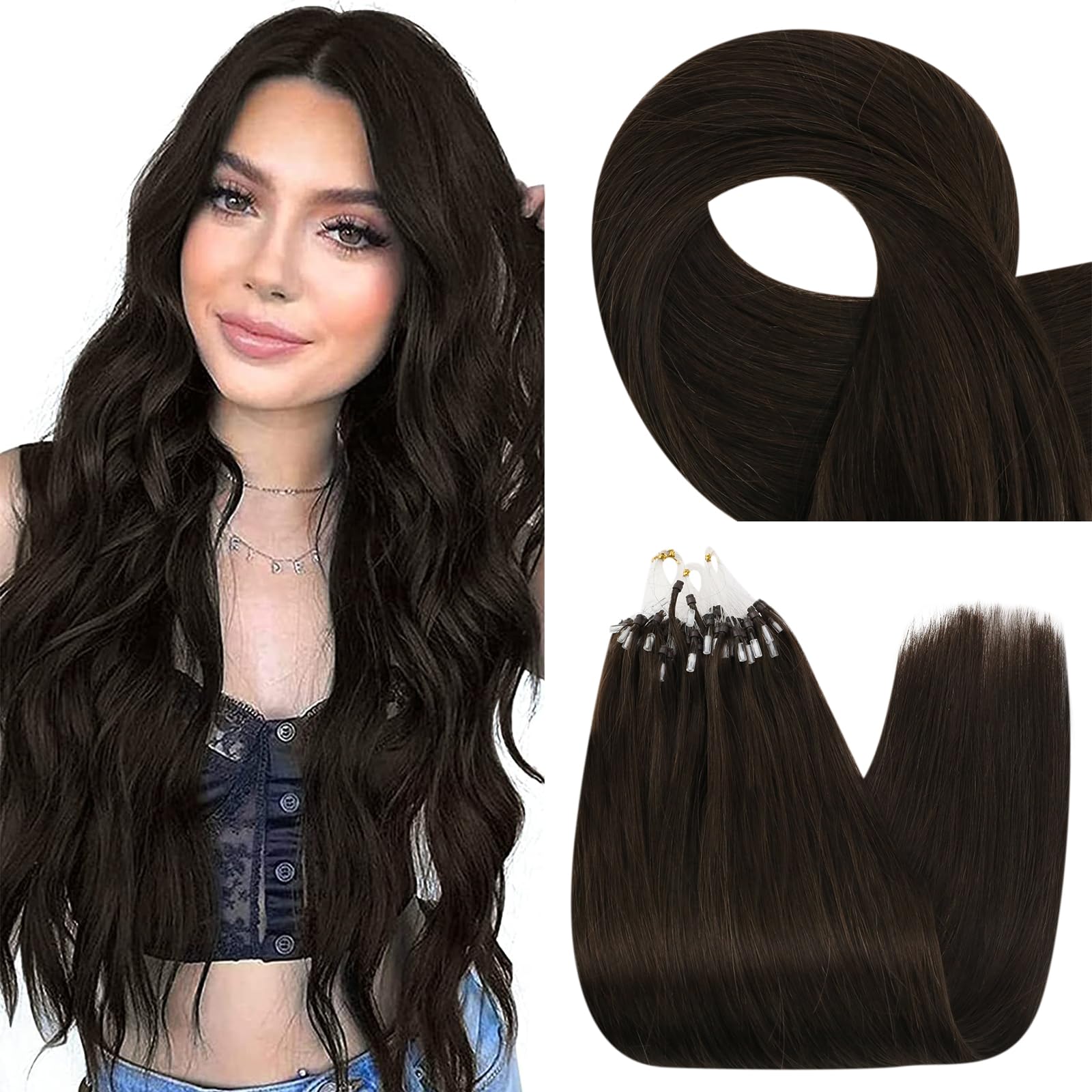 Fshine Extension Microring Capelli 35CM 50g Lisci Extension Capelli Marrone Scuro Capelli Extension Veri 1g/ciocche Extension Micro Loop Capelli Brasiliani Extension Veri #2