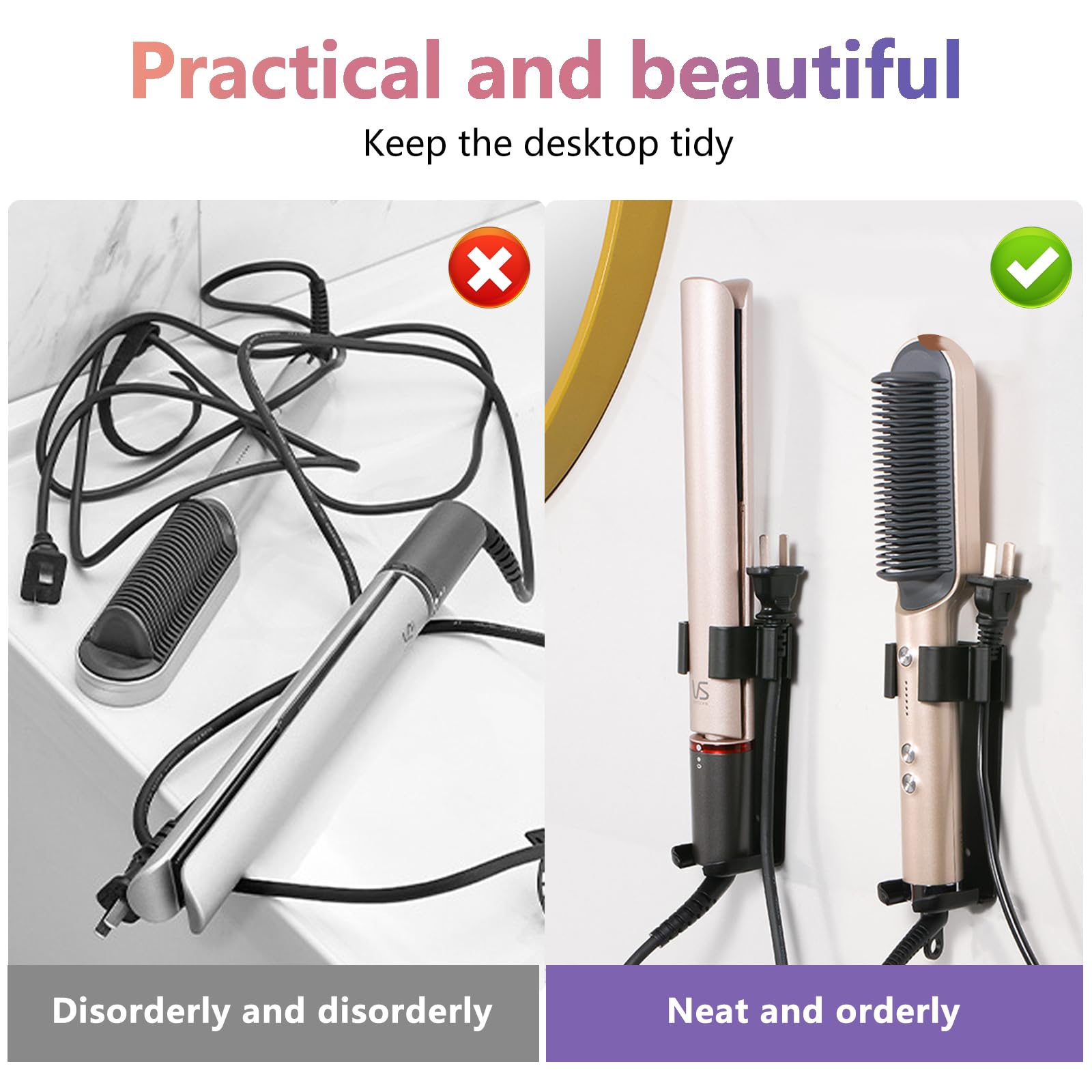 Niewymagający wiercenia uchwyt na prostownice i prostownice do włosów, uchwyt ścienny na szczotkę do prostowania i lokówki, odporny na wysokie temperatury, metalowy organizer do Dyson Airwrap